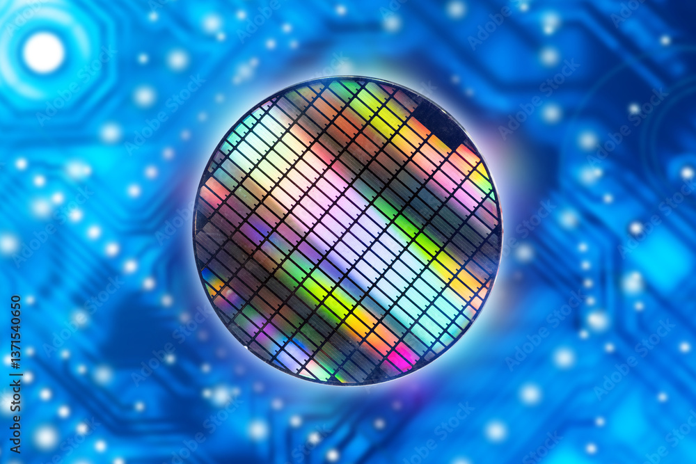 Poster microelectronics industry. view microprocessor under microscope. production digital boards. manufact