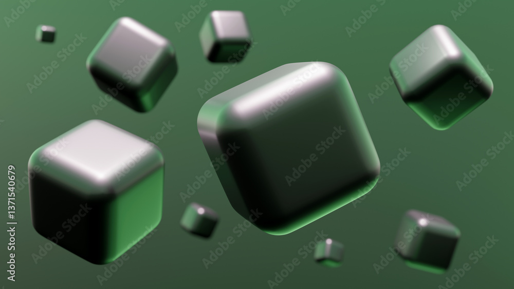 Poster green background. volumetric cubes float in zero gravity. abstract background. backdrop with element