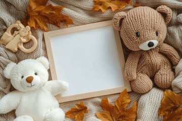 Autumn Pregnancy Announcement Template Cozy Baby Composition with Teddy Bear and Wooden Toys