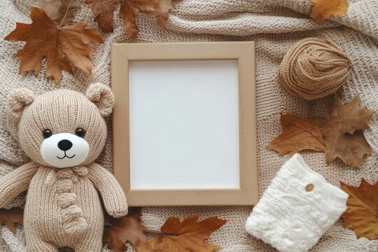 Baby Announcement Template Cozy Flat Lay Composition with Teddy Bear Wooden Frame Autumn Leaves Baby Outfit