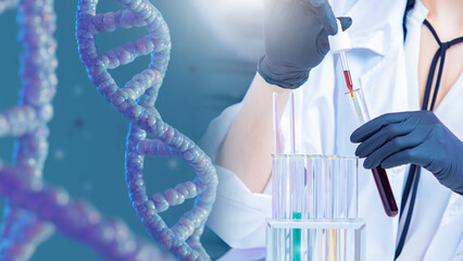 Genetic engineering. Hands geneticist with test tubes. Genetic sequencing. Modified DNA strand. Hands woman engaged in genetic engineering. DNA strands after modification. Geneticist doing blood test