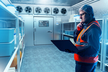 Man worker in industrial refrigerator. Cold store inside market. Storekeeper with laptop stands in...