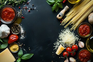 Mediterranean Cuisine Cooking Ingredients – Black Background Flat Lay Design