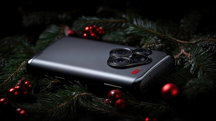 Sleek, gray smartphone rests on festive greenery, showcasing a prominent camera module