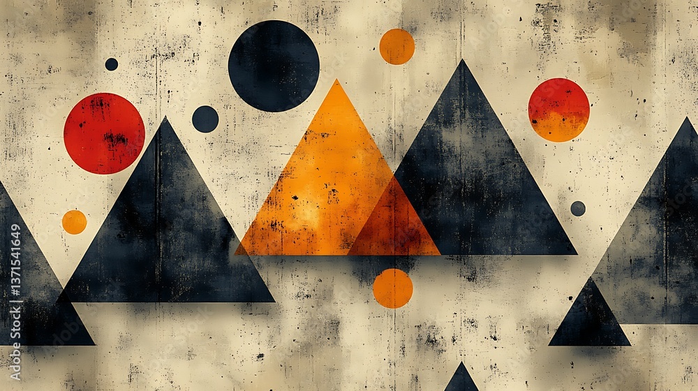 Poster abstract geometric art featuring triangles and circles with a textured background and modern color p