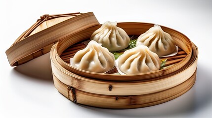 Neatly arranged dumplings placed in bamboo steamers on a clean white surface, perfect for food blogs, menus, packaging, Asian cuisine visuals, or traditional dim sum content.