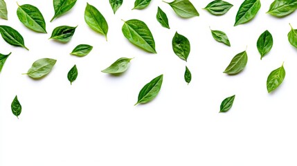 Green Leaves Scattered on White Background