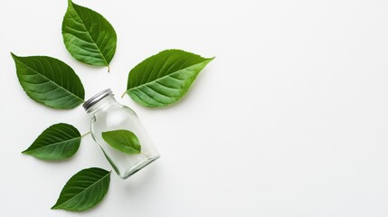 Green Leaves and Clear Glass Bottle on White Background