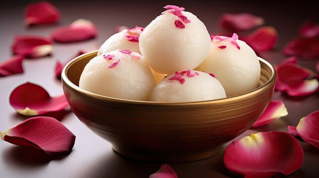 Soft white rasgullas served in a bowl with rose petals on top, a classic Indian sweet in syrup, perfect for festive visuals, food blogs, menus, or traditional dessert content.