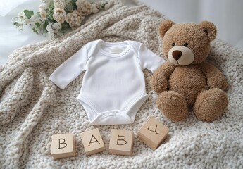 Baby essentials flat lay baby bodysuit teddy bear wooden blocks soft blanket neutral tones pregnancy announcement