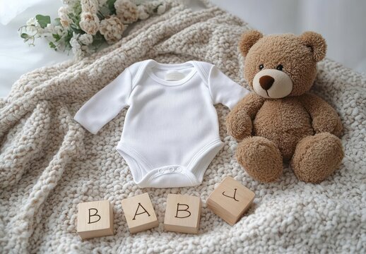 Baby essentials flat lay baby bodysuit teddy bear wooden blocks soft blanket neutral tones pregnancy announcement