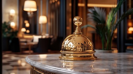 A gold service bell on a marble desk, showing luxury.