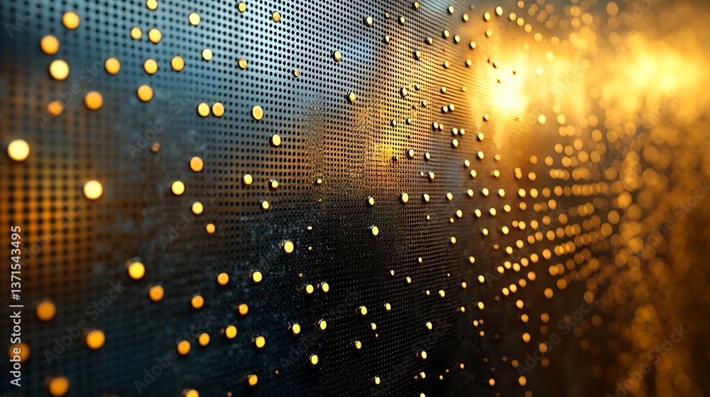Poster abstract metallic grid with golden light points, futuristic technology background with perforated te