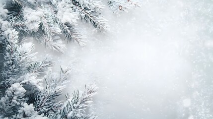Winter scene featuring evergreen branches covered with snow