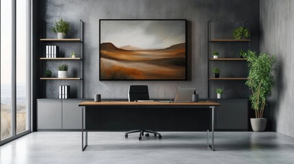Modern office, landscape art, desk, plants, window view