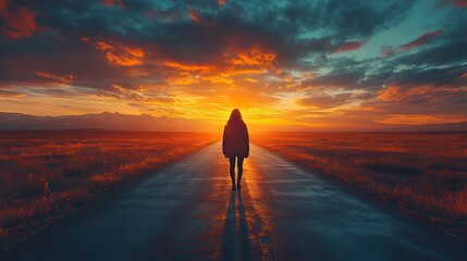 Obraz premium A person's shadow splits at a crossroads, showing choices at sunset.