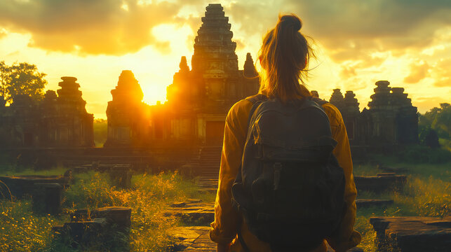 Traveler backpacker exploring ancient temple ruins at sunrise adventure tourism destination landscape - Powered by Adobe