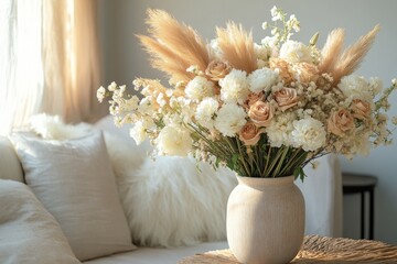Sunlit interior with dried flowers in soft white ceramic vases