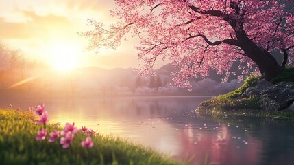 A beautiful cherry blossom tree standing beside a lake with pink blossoms on its branches, surrounded by lush fields under soft sunlight, showing a serene and peaceful natural scene.