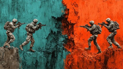 Soldiers in contrasting colors navigate a chasm, symbolizing conflict and division, with one side depicting a tense blue and the other a fiery red.