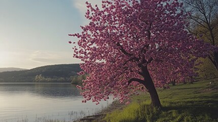 A beautiful cherry blossom tree standing beside a lake with pink blossoms on its branches, surrounded by lush fields under soft sunlight, showing a serene and peaceful natural scene.