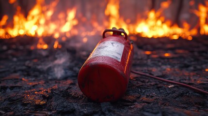 A red extinguisher lies on the ground, with flames in the background, a dramatic fire safety scene.