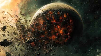 A planet breaking apart in space, with large chunks and fragments scattering. The surface shows fiery, molten areas, indicating destruction