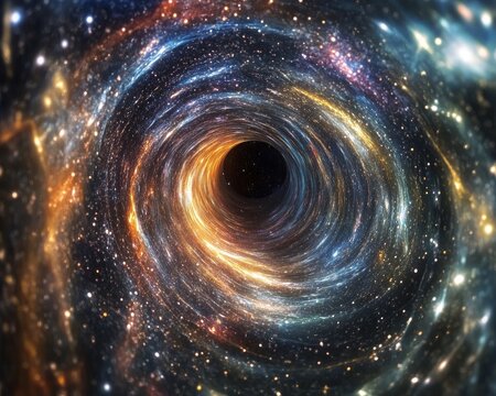 time-dilation effect near a gravity well, illustrating the stretch of space-time fabric and swirling starlight around the gravitational force