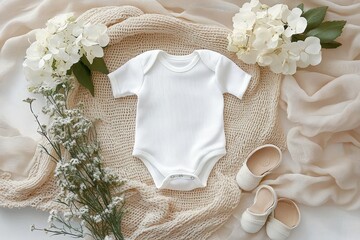 Baby Announcement Template for Pregnancy Ultrasound Photo Mockup White Baby Bodysuit Aesthetic Flat Lay