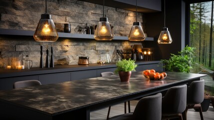 Modern Kitchen Interior with Pendant Lighting and Stone Wall, Featuring Dark Color Palette, Natural Elements, and Contemporary Design in a Cozy Atmosphere