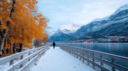 Naklejka premium Snowy path by a serene lake, vibrant colors