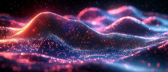 Abstract Wavy Landscape of Glowing Dots with Depth of Field, Illuminated by Pink and Blue Lights in a Dark Space.