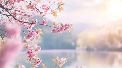 Fototapeta premium A beautiful cherry blossom tree standing beside a lake with pink blossoms on its branches, surrounded by lush fields under soft sunlight, showing a serene and peaceful natural scene.
