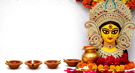 Fototapeta premium Illustration goddess Durga puja Happy Navratri (nine night Festival) Indian Hindu Festival Background with Diya lamp, flower garland, white background, copy space