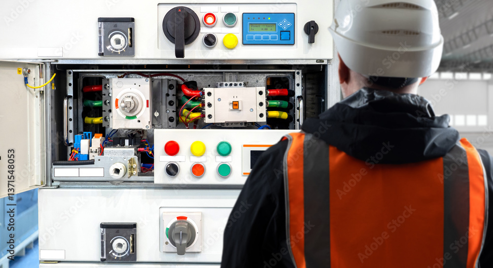 Poster production automation engineer. man near industrial equipment. control panels for production machine