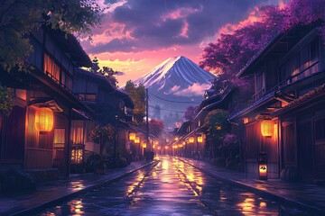 Traditional Japanese street with Mount Fuji at sunset, anime art style, 4K wallpaper