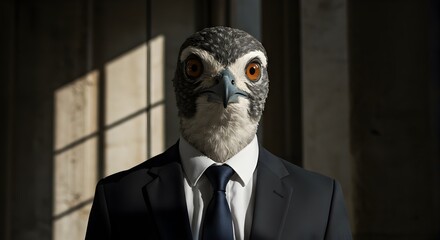 Conceptual image featuring a falcon-headed businessman in formal attire