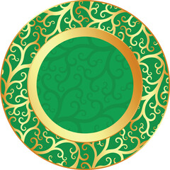 Vector round Easter green and golden gradient plate with golden patten isolated on transparent background