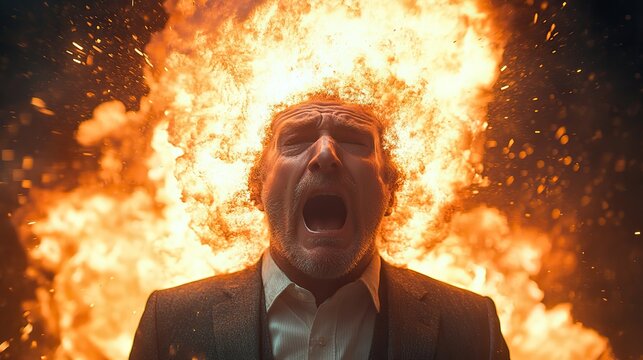 A senior businessman screams with an exploding head, from burnout and stress.