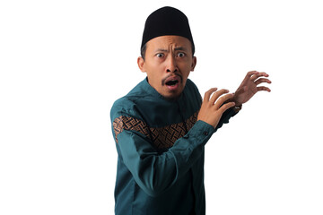 Scared Asian Muslim man, expressing fear and fright. Isolated on a white background