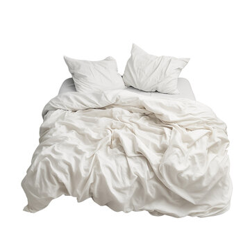 messy white bed with wrinkled sheets and pillows transparent background