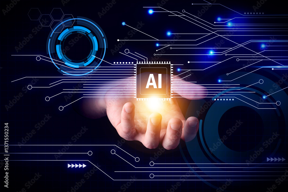 Poster artificial intelligence. man holding virtual circuit board pattern with ai abbreviation on dark back