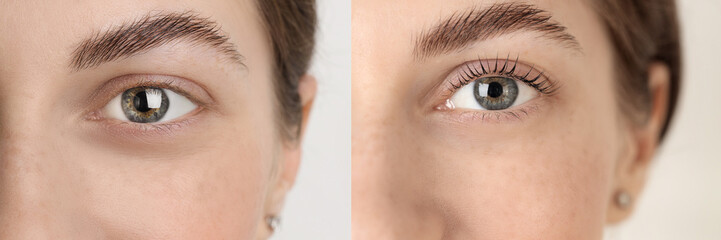Woman showing her eyelashes before and after lamination procedure, closeup. Collage of photos