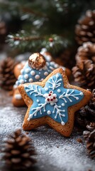 Festive star cookies, pine cones, snowy