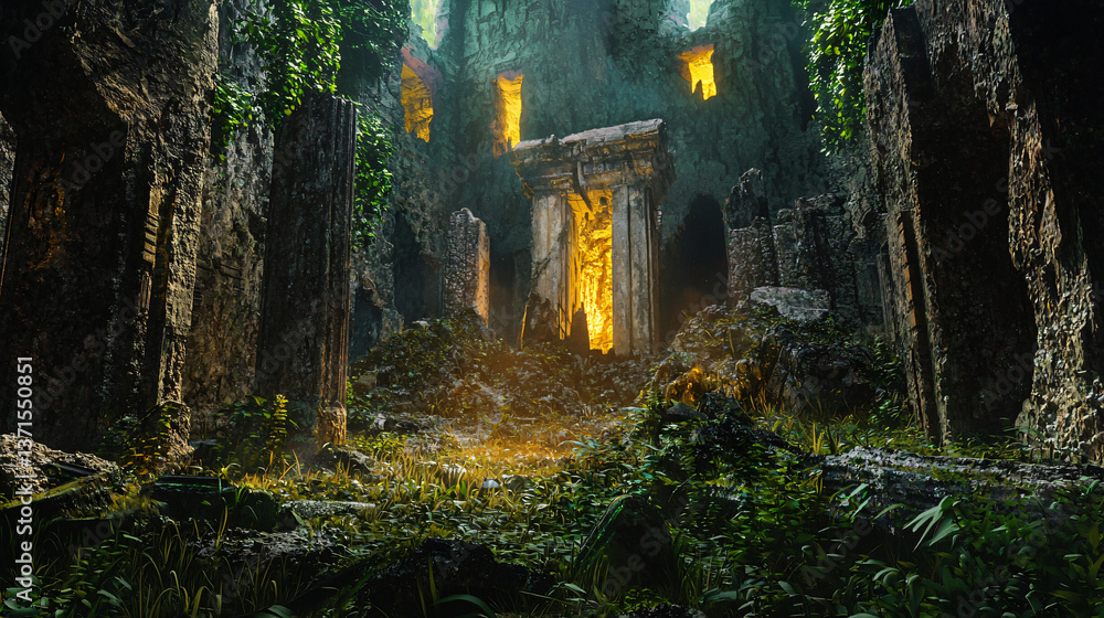 Poster dense forest with an ancient building nestled in the background surrounded by lush vegetation creati