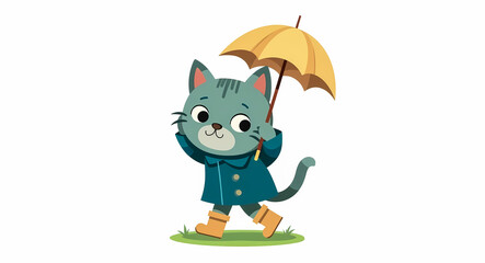 cheerful gray cat in a blue raincoat walks with a yellow umbrella