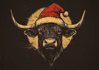 Bull in Santa Hat, Dark Background
