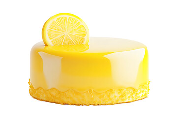 A glossy yellow lemon cake topped with a lemon slice on a black background in a studio shot