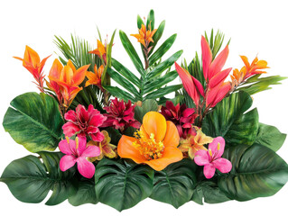 Arrangement of tropical flowers including hibiscus, ginger, and monstera leaves on a white background