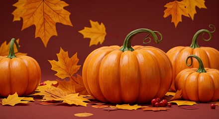 Autumn composition with pumpkins and fall leaves on a burgundy background